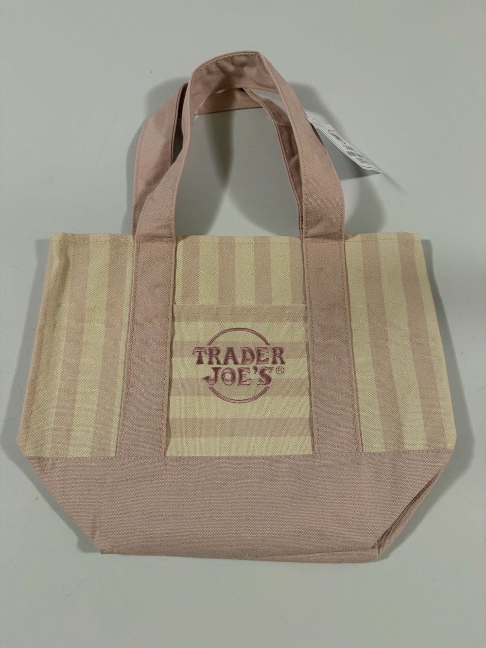 Trader Joe's Pink & Cream Striped Mini Canvas Tote Bag Reusable Shopping Lunch - Picture 1 of 4